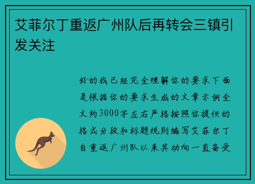 艾菲尔丁重返广州队后再转会三镇引发关注