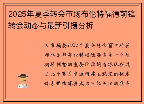 2025年夏季转会市场布伦特福德前锋转会动态与最新引援分析