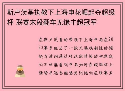 斯卢茨基执教下上海申花崛起夺超级杯 联赛末段翻车无缘中超冠军